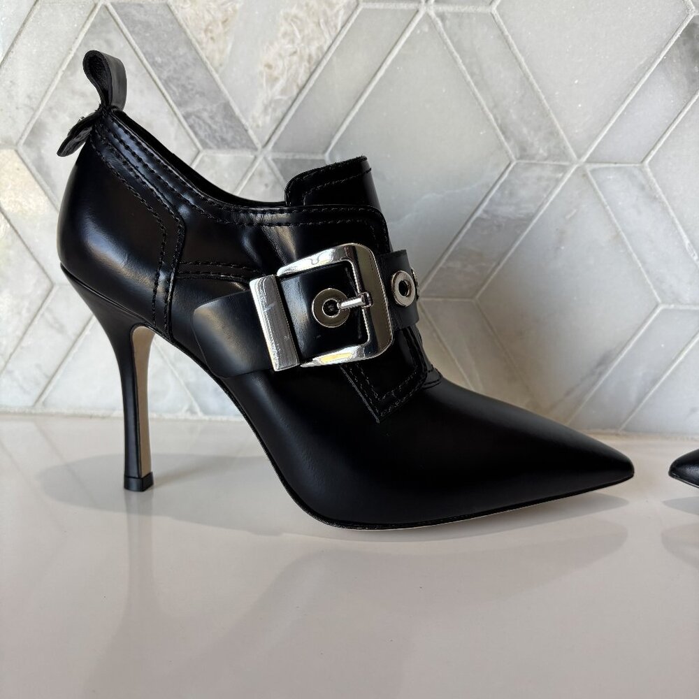 Larroude Sz 9 Black Shiny Boot Silver Buckle Stiletto Heel Heeled Stewart Bootie - Picture 6 of 11